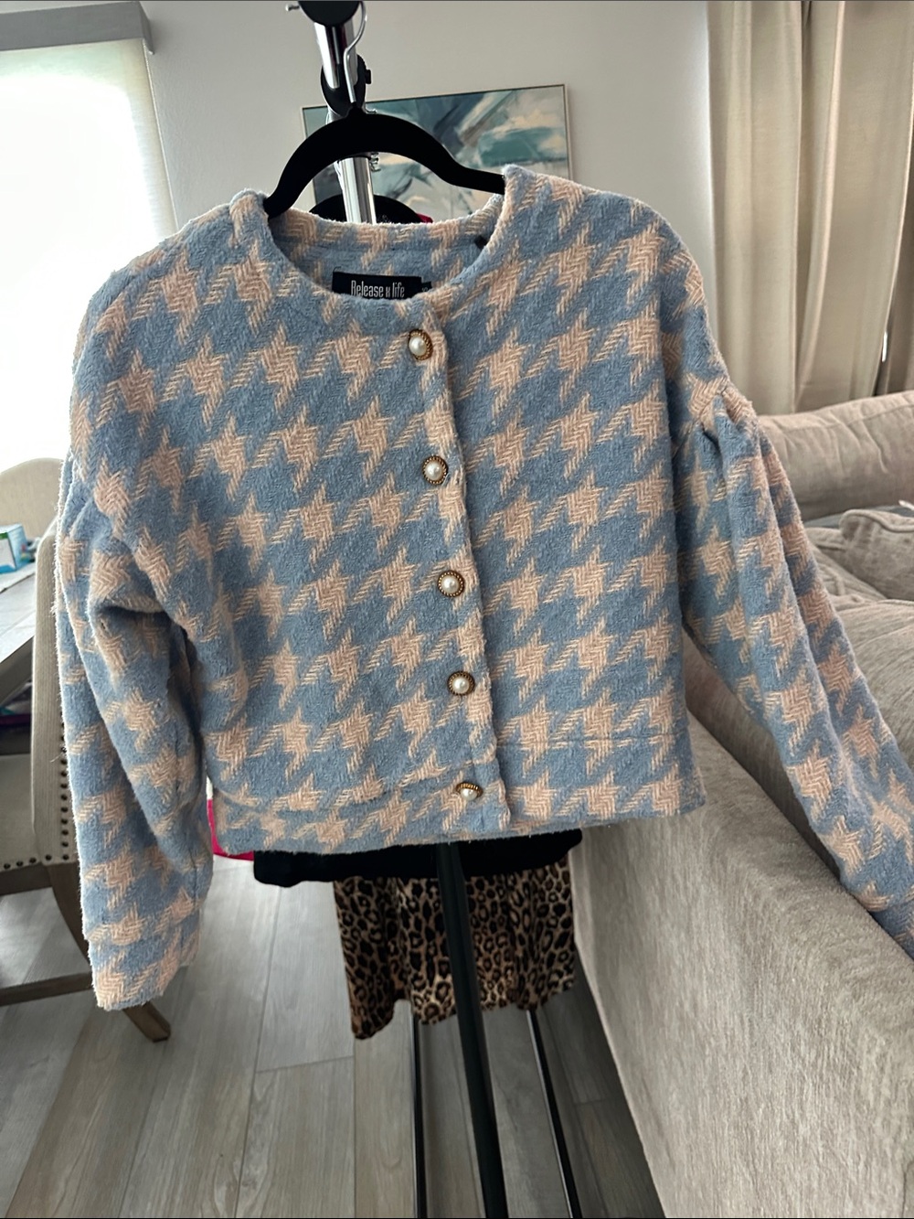 Release X Life Polished Houndstooth Pearl-Button Jacket - Blue & Cream